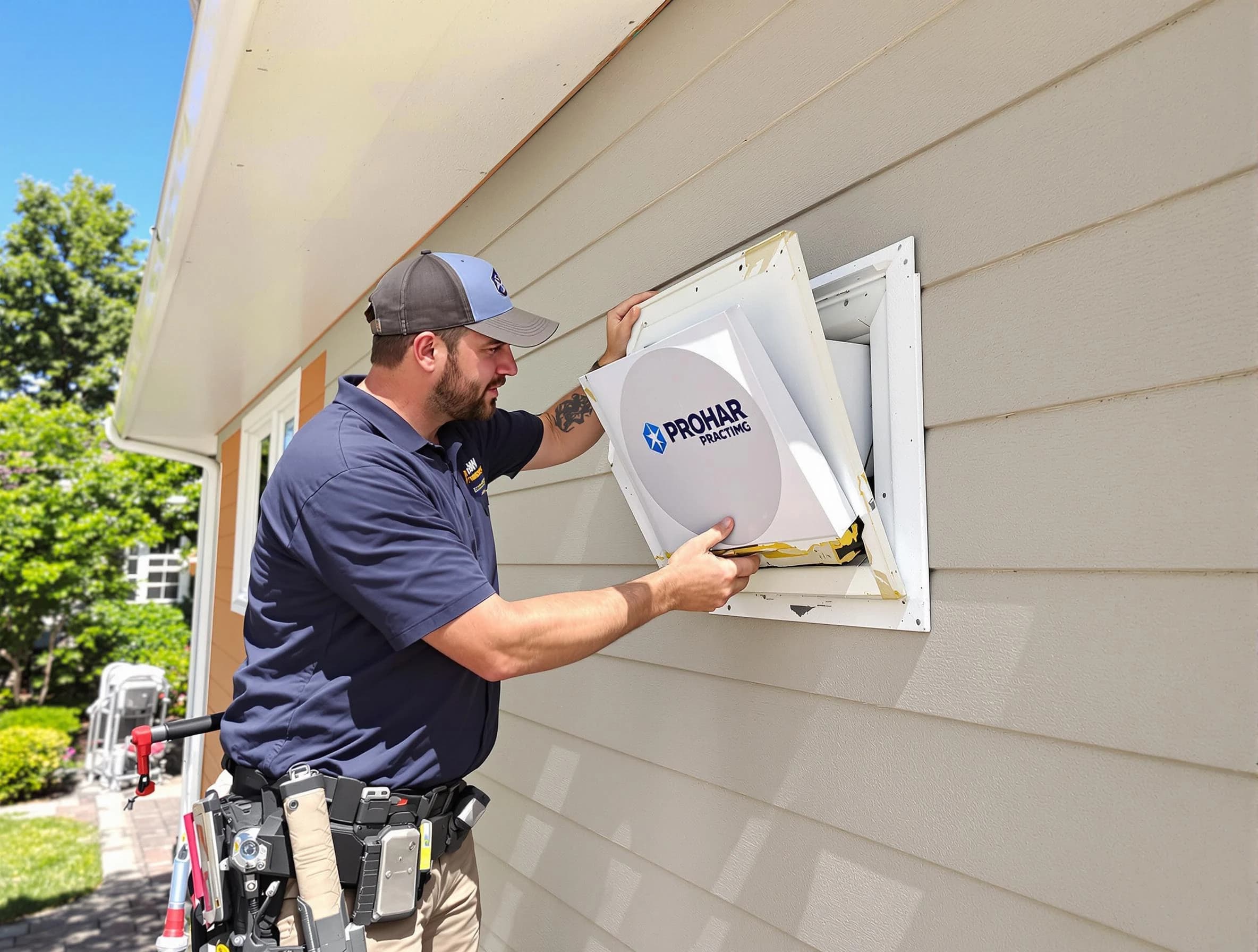 South Park Dryer Vent Cleaning technician installing a new protective dryer vent cover on a home in South Park
