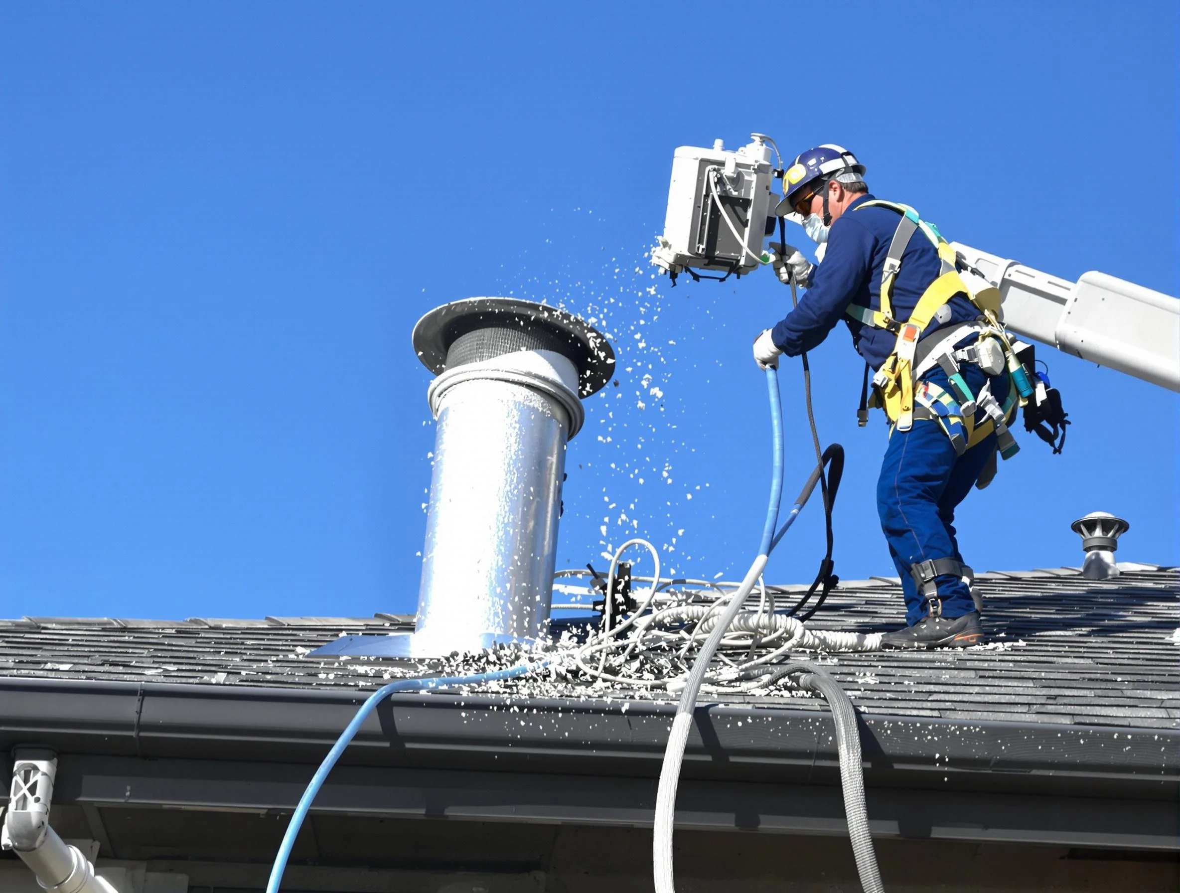 South Park Dryer Vent Cleaning certified technician safely cleaning a roof-mounted dryer vent in South Park
